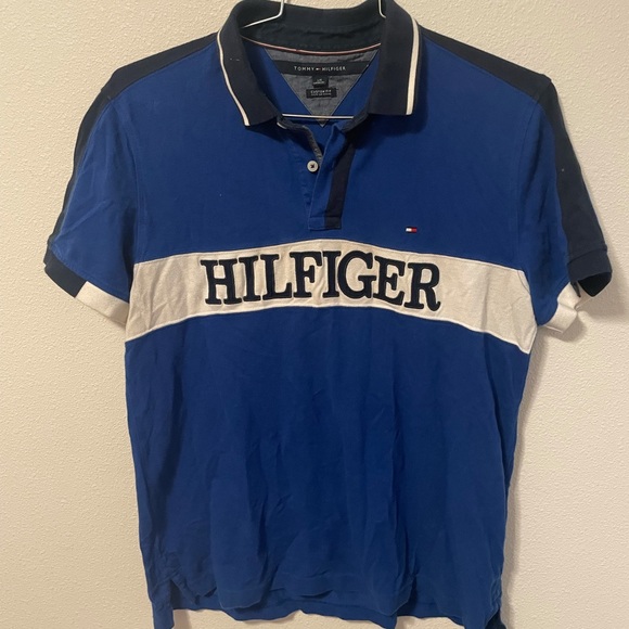 Tommy Hilfiger Polo Shirt Mens Collared Blue And White Size Large With Logo - Picture 1 of 7